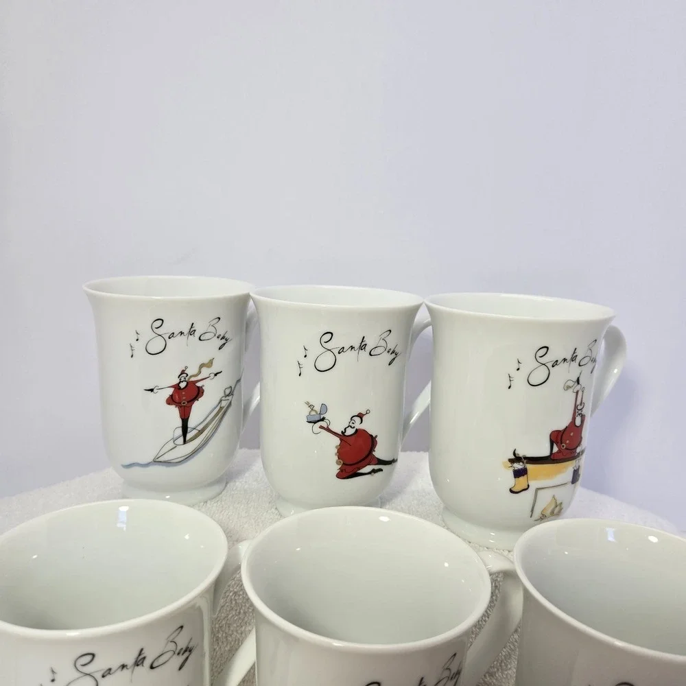 Pottery Barn Santa Baby Hot Cocoa Coffee Cups Tea Mugs Set Of 6 Christmas Rare